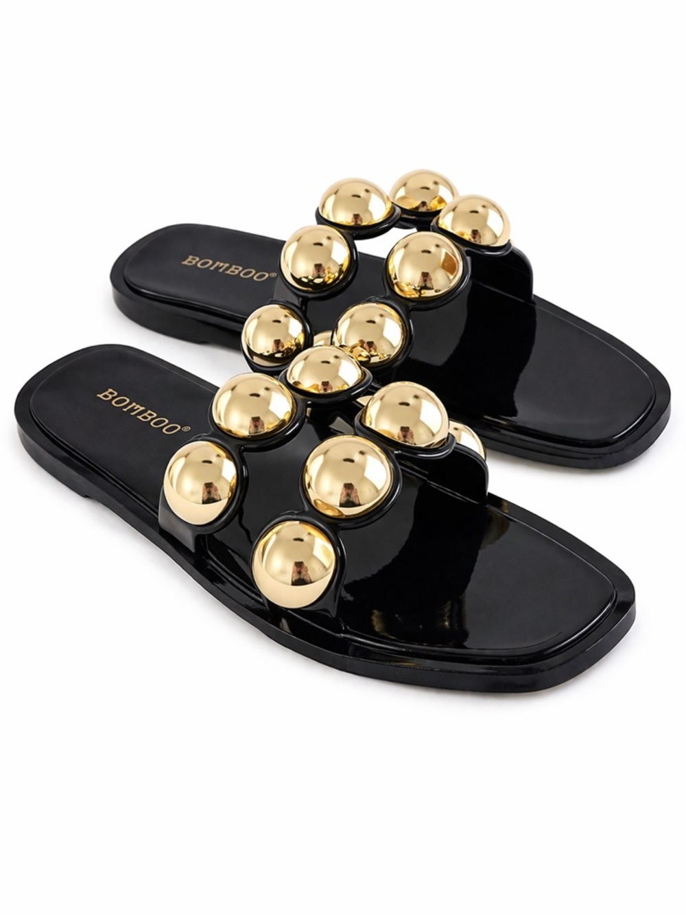 BAMBOO Black Slide Sandals with Gold Orb Embellishments